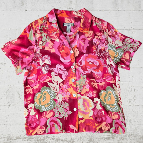 90s Vintage Pink Tropical Silk Button Up Caribbean Joe Camp Shirt Size Medium - Picture 1 of 4